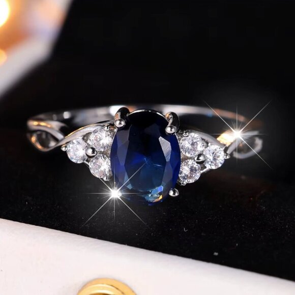 14k White Gold Blue Sapphire Diamond Ring Oval Cut - Picture 3 of 6